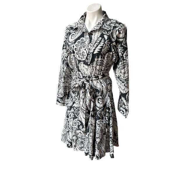 Uncle Frank Button Down Tie Waist Swing Shirtdress, Navy/White Paisley Print, Sm - Picture 3 of 15